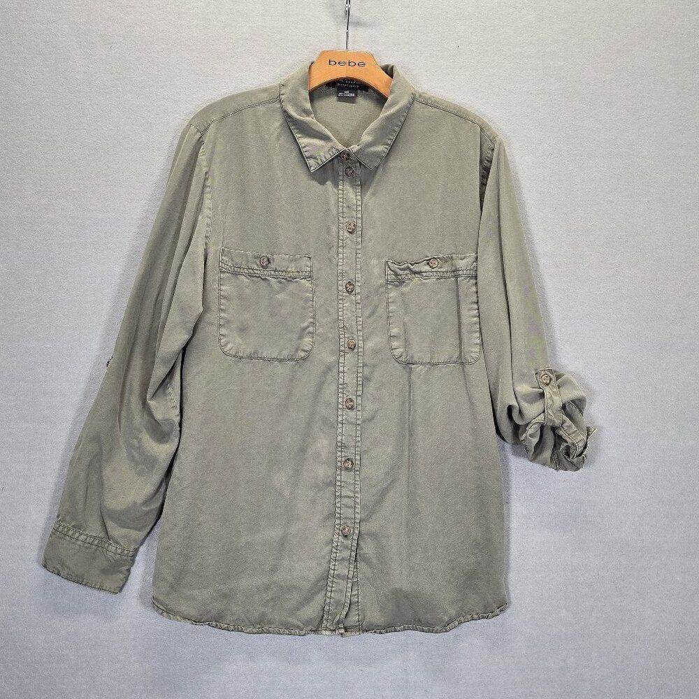 Social Standard by Sanctuary Olive Green Button Down Shirt L Tencel Utility...